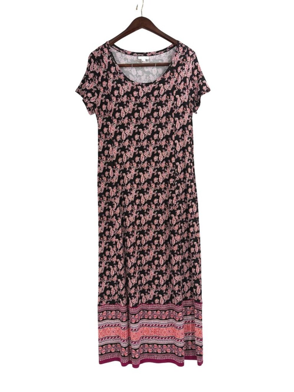 J. Jill Womens Small Short Sleeve Paisley Maxi Dress Black Pink Boho Lagenlook